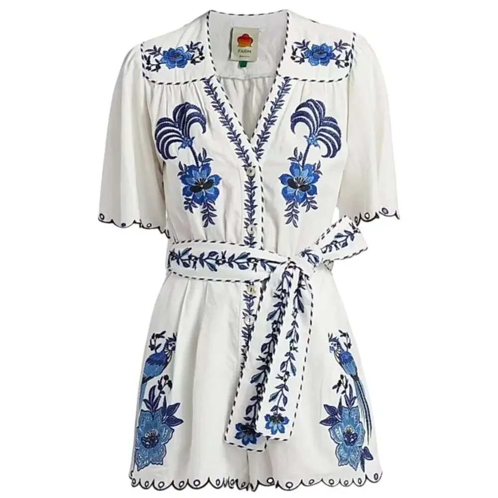 Farm Rio Embroidered Linen Romper Size XS - Picture 1 of 11